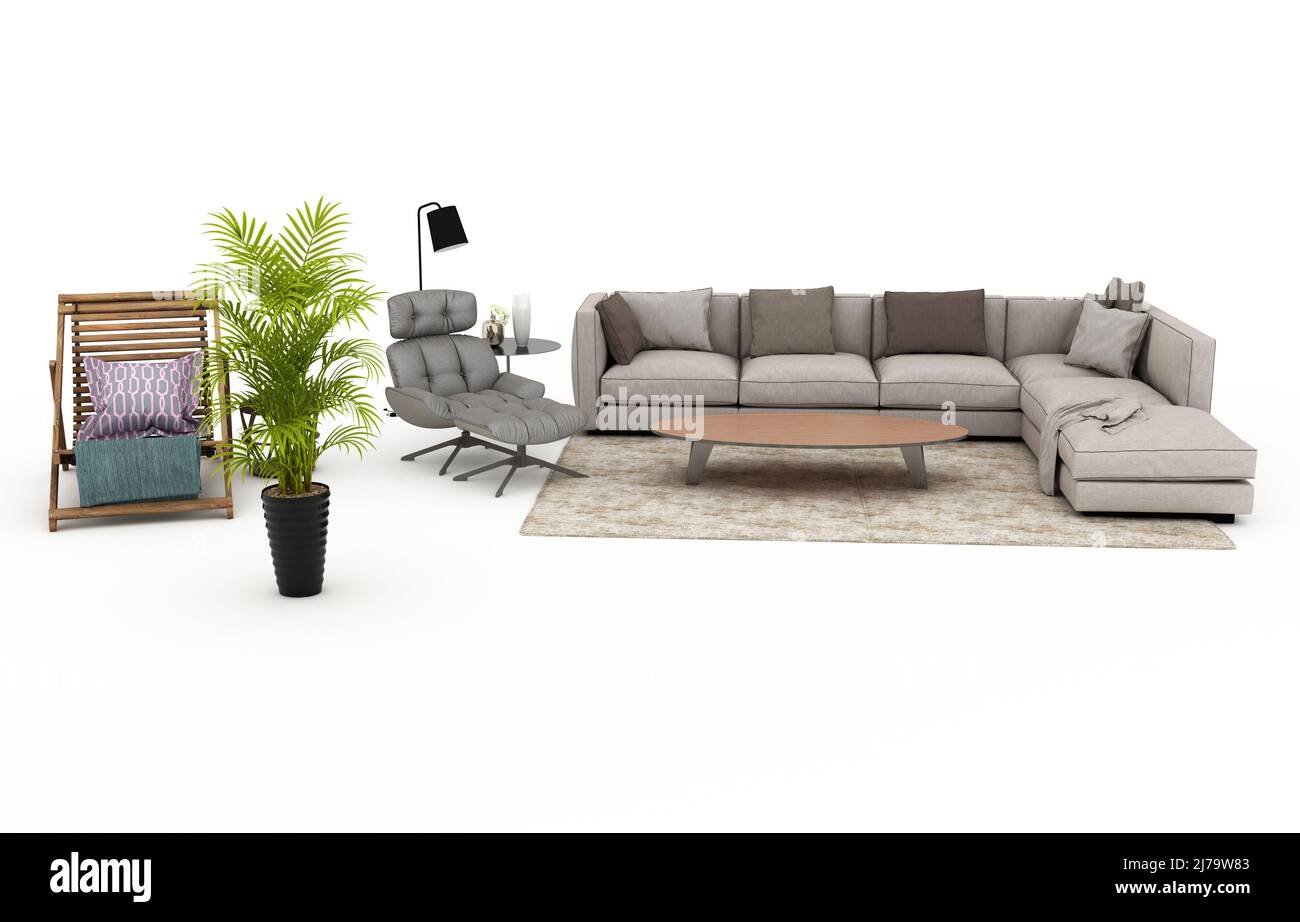 Miniature living room with lounge chairs, potted plants, sofa. 3D rendering. Stock Photo