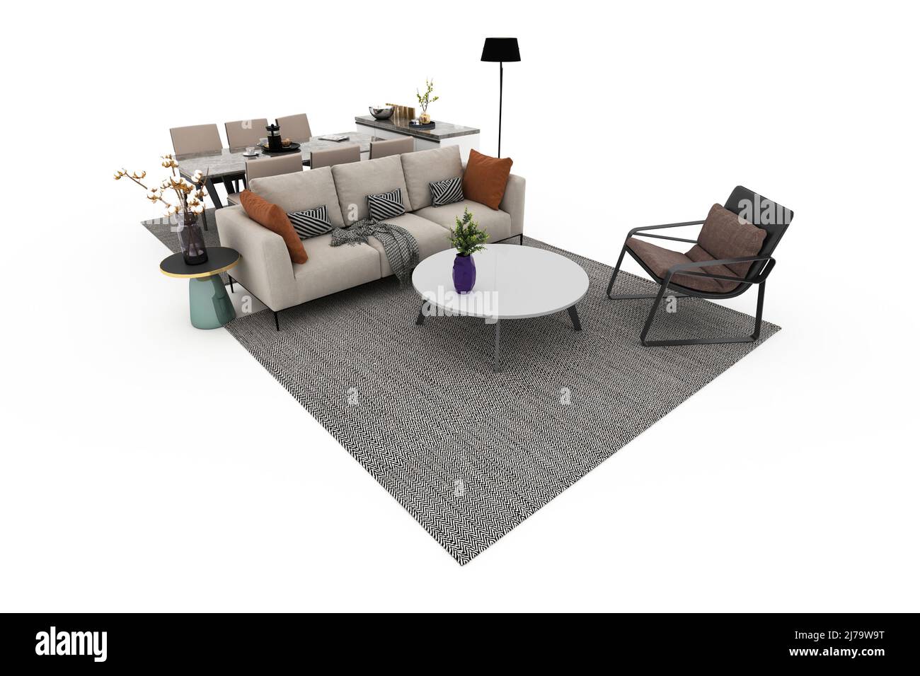 Modern minimalist living room with carpet, sofa, table and chairs. 3D rendering. Stock Photo