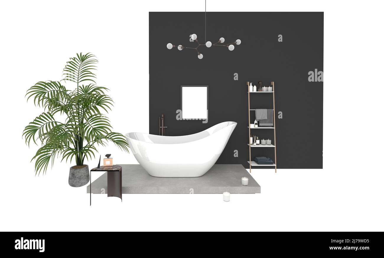 Bathroom on white background with bathtub, chandelier, picture frame, cosmetic rack. 3D rendering. Stock Photo