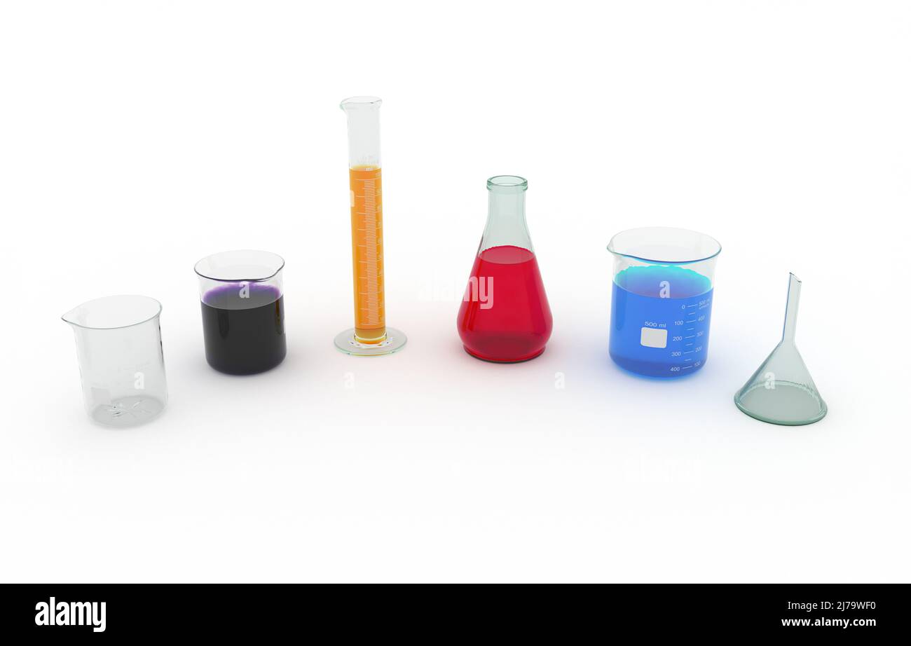 Composition of chemical lab supplies on white background. 3D rendering