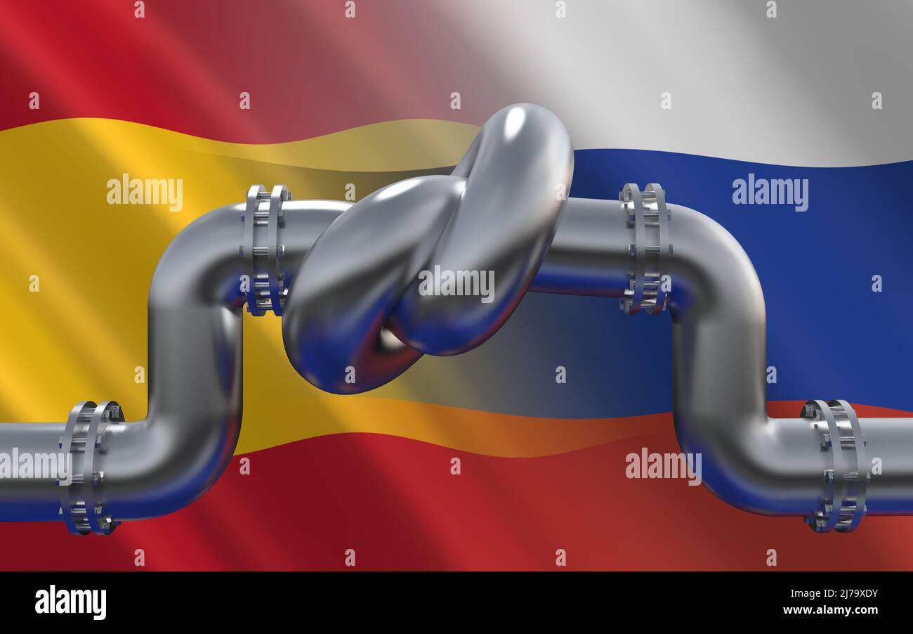 Fuel gas pipeline with a knot on background of Spanish and Russian