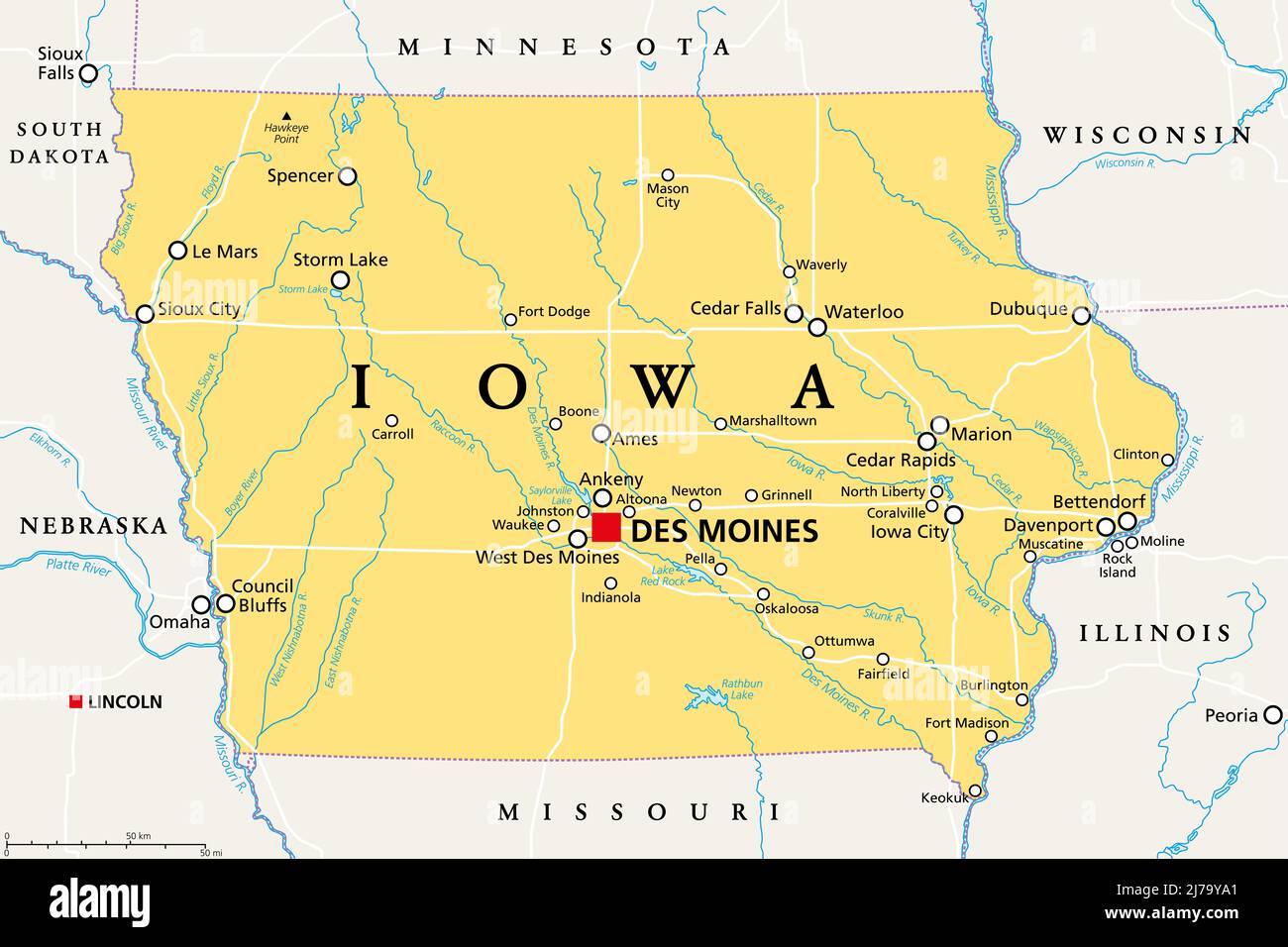 Iowa, IA, political map, with the capital Des Moines and most important cities, rivers and lakes. State in the Midwestern region of the United States. Stock Photo