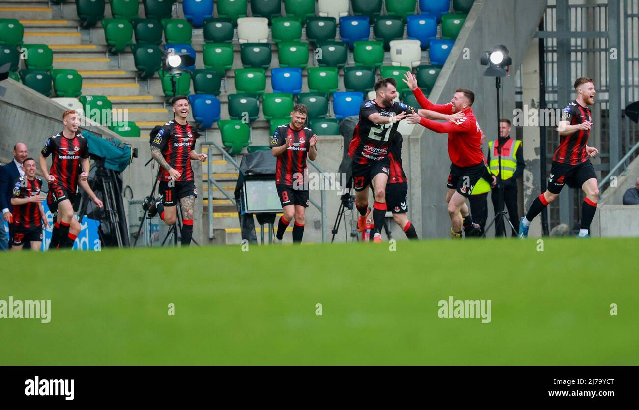 National Football Stadium at Windsor Park, Belfast, Northern Ireland, UK. 07 May 2022. Samuel Gelston's Whiskey Irish Cup Final. Ballymena United v  Crusaders. Action from today's Irish Cup Final (Ballymena Utd – Sky Blue). Johnny McMurray celebrates his late winner for Crusaders. Credit: David Hunter/Alamy Live News. Stock Photo