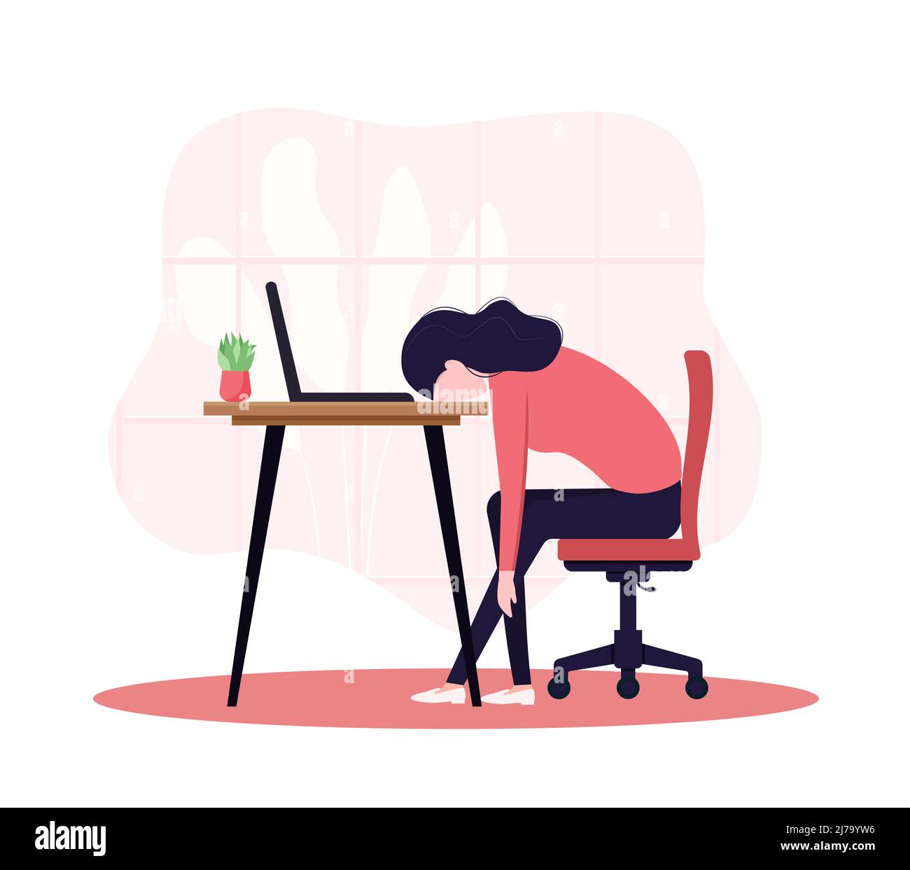 professional burnout syndrome. Tired girl sits bored with his head down on the laptop. Frustrated worker mental health problems. Vector long work day Stock Vector