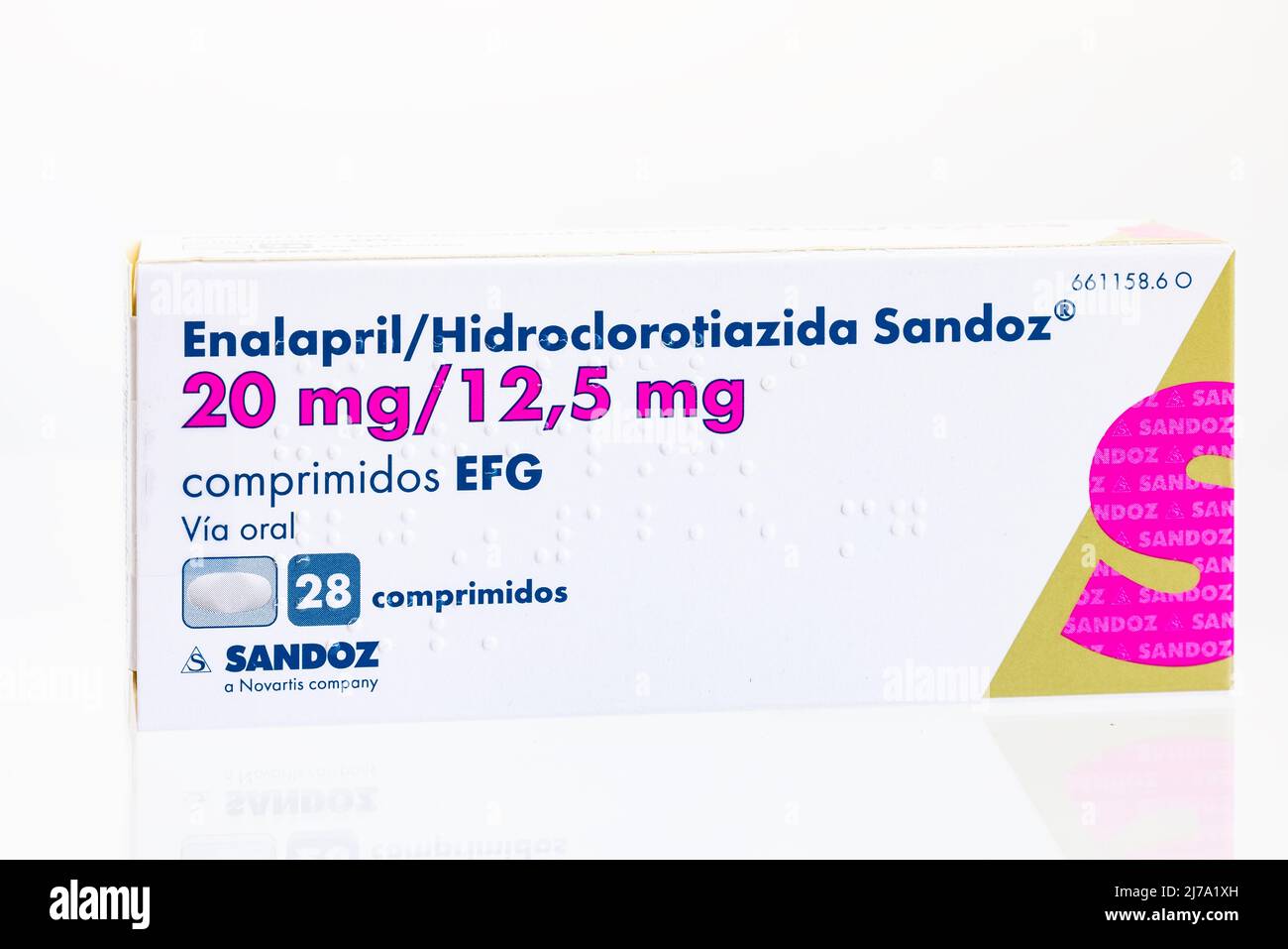 Huelva, Spain - May 07, 2022: Box of a combination of Enalapril Maleate and Hydrochlorothiazide, Treatment of essential hypertension. Stock Photo