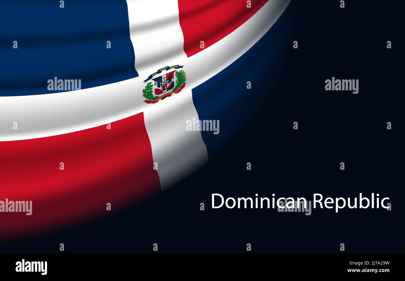 Wave flag of Dominican Republic on dark background. Banner or ribbon ...