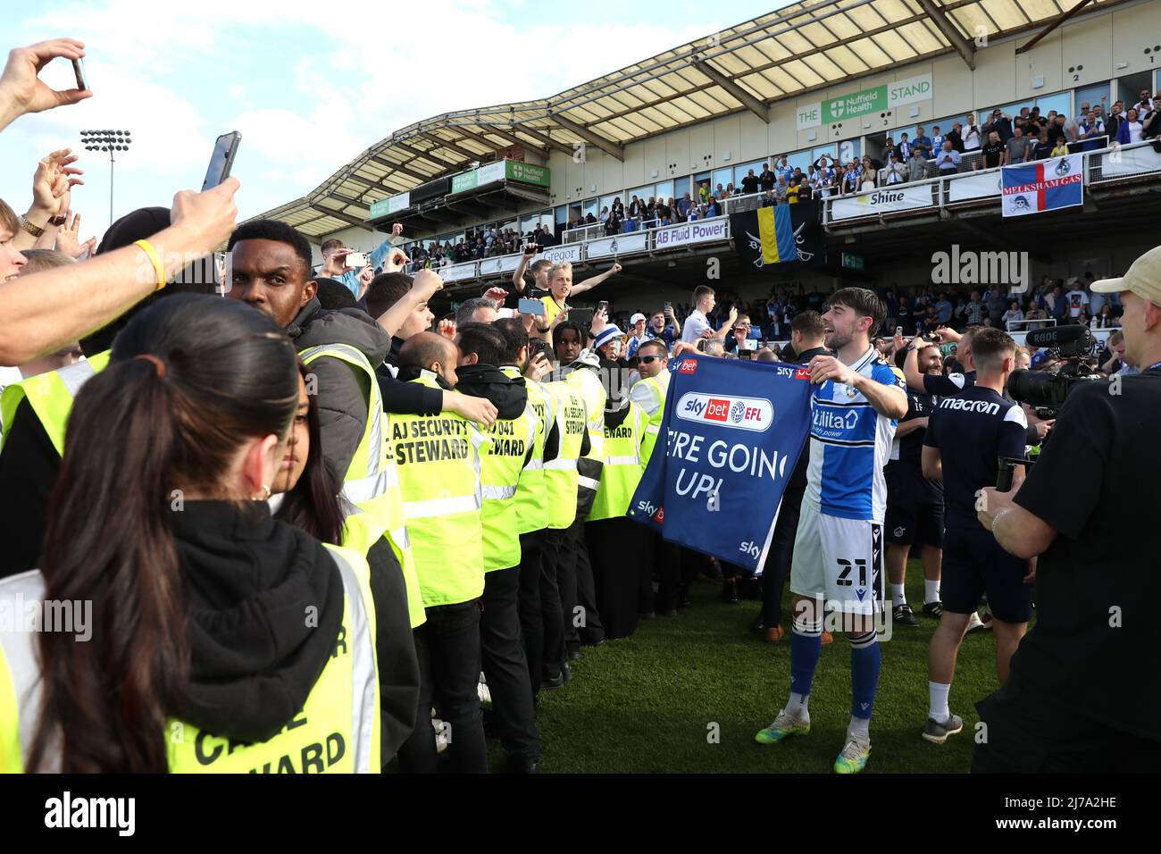Bristol Rovers' Anthony Evans celebrates promotion to the Sky Bet League One following the Sky Bet League Two match at the Memorial Stadium, Bristol. Picture date: Saturday May 7, 2022. Stock Photo