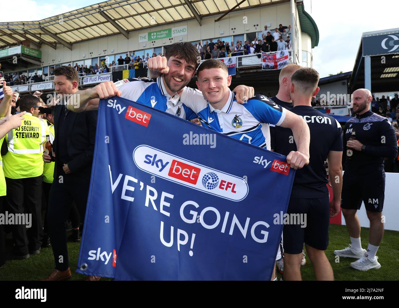 Bristol Rovers' Anthony Evans and Elliot Anderson celebrates promotion to the Sky Bet League One following the Sky Bet League Two match at the Memorial Stadium, Bristol. Picture date: Saturday May 7, 2022. Stock Photo
