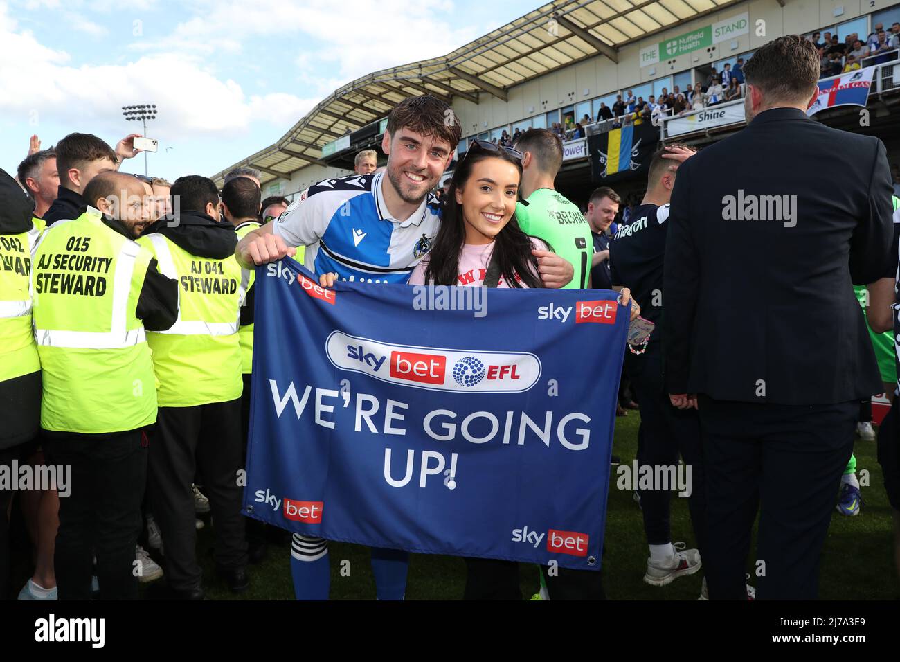 Bristol Rovers' Anthony Evans celebrates promotion to the Sky Bet League One following the Sky Bet League Two match at the Memorial Stadium, Bristol. Picture date: Saturday May 7, 2022. Stock Photo
