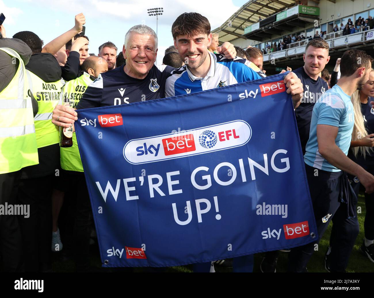Bristol Rovers' Anthony Evans (right) celebrates promotion to the Sky Bet League One following the Sky Bet League Two match at the Memorial Stadium, Bristol. Picture date: Saturday May 7, 2022. Stock Photo