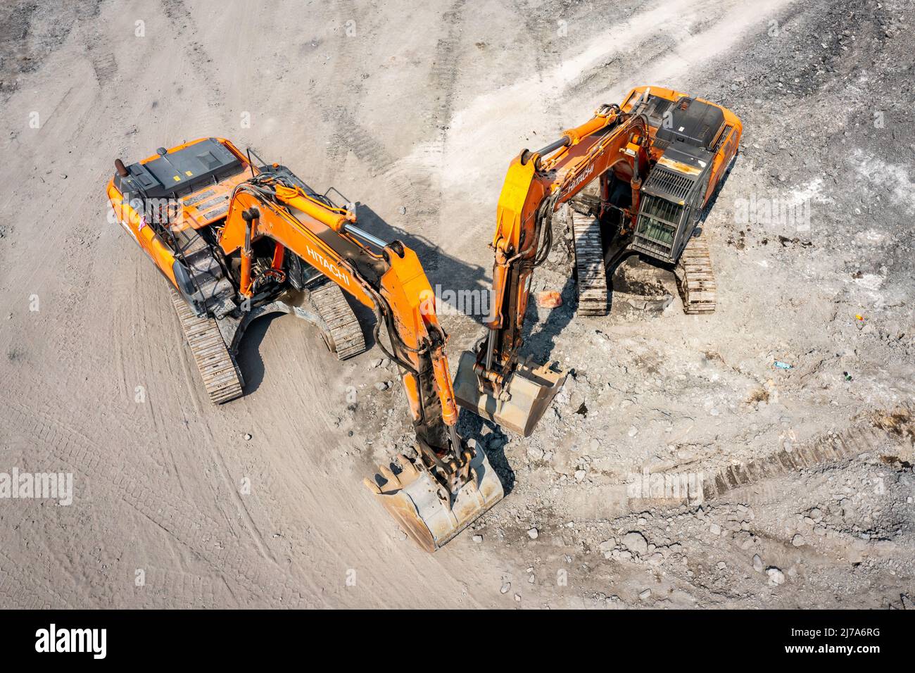 Mining Quarry with Special Heavy Equipment Open Pit Excavation. Dolomite Mine. View From Above. Industrial Place Top View. - Stock Image