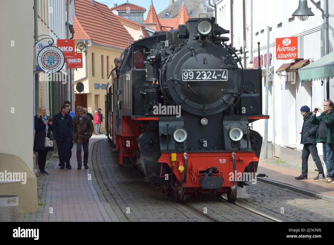The Molli bathing railway runs through Bad Doberan. Historic Steam locomotive Stock Photo