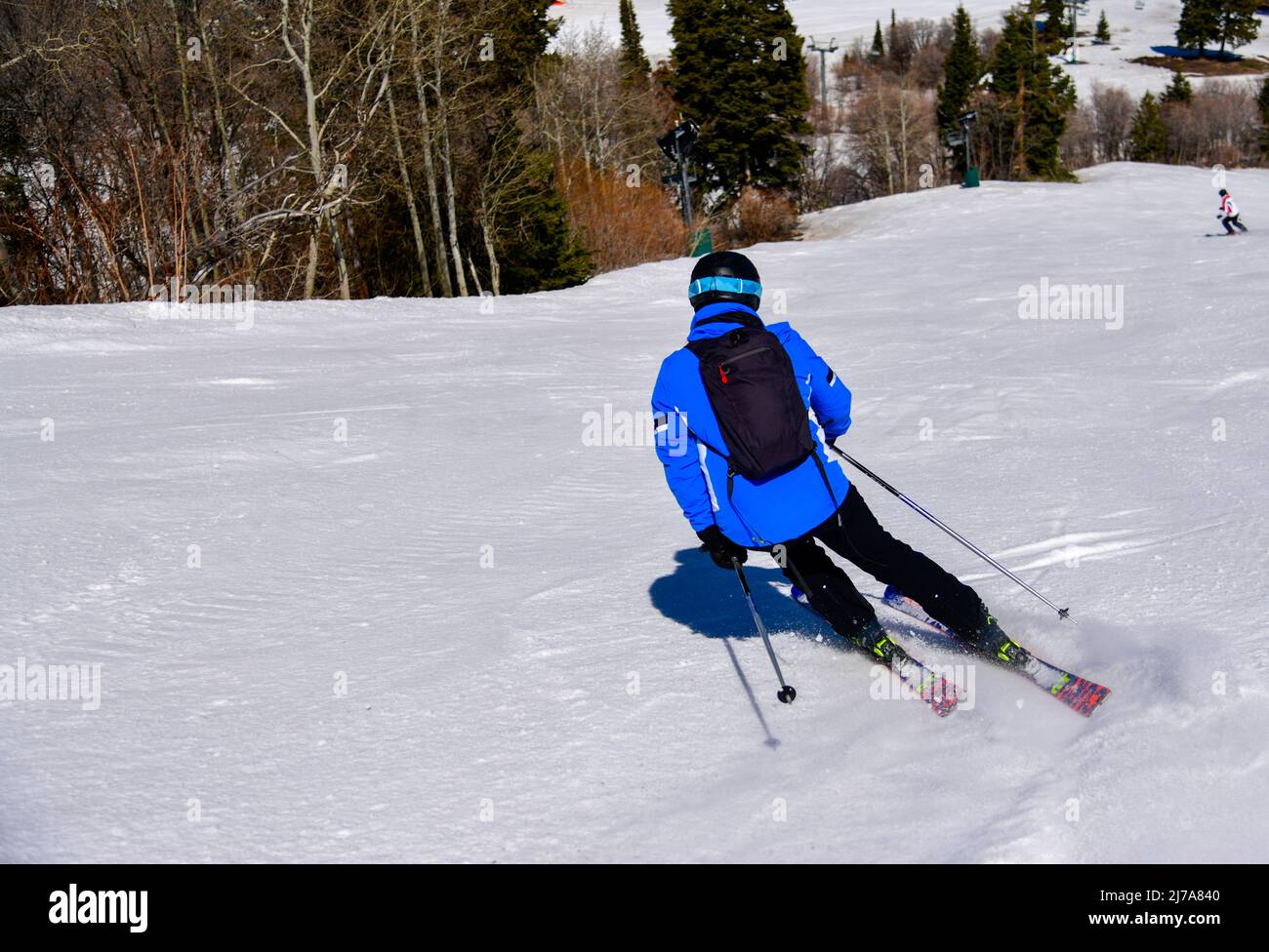 Skiing downhill on a beautiful sunny day at Snowbasin Ski Resort, Utah. Spring conditions in
