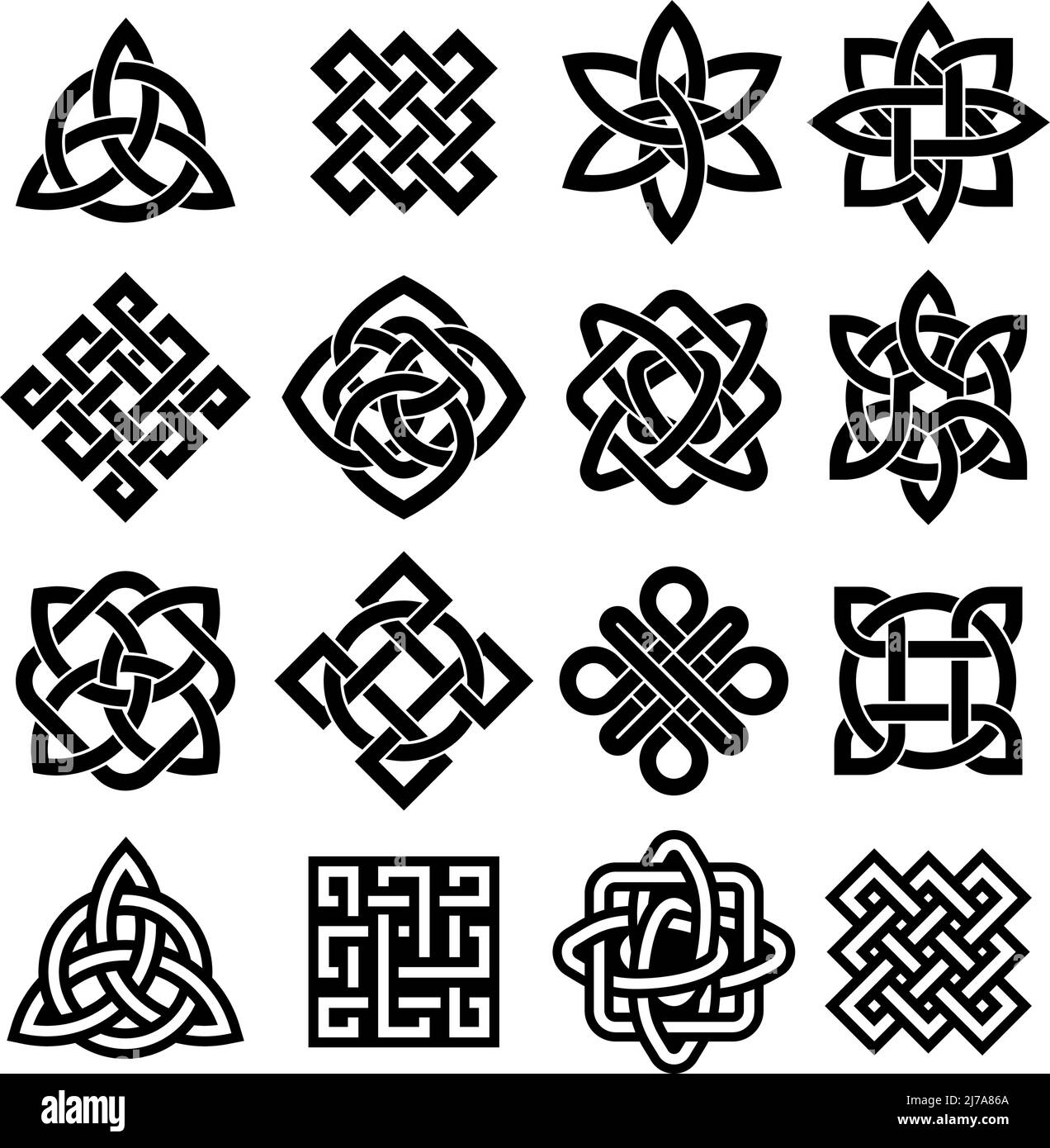 Celtic trinity. Irish knot, pagan tattoo icon and intertwined line loop. Interconnection silhouette vector symbol set Stock Vector