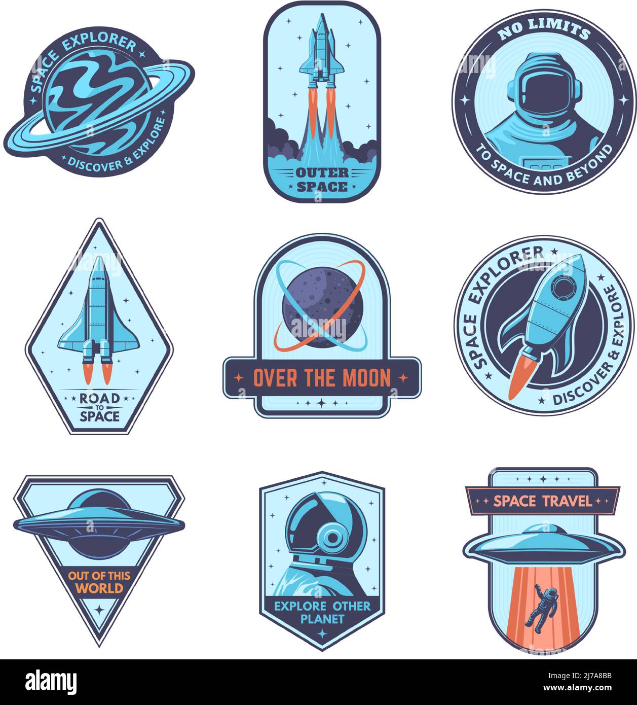 Space badges. Expore other planer patches, space travel badge and over the moon emblem vector set Stock Vector