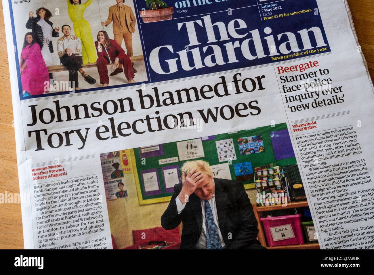 7 May 2022 Guardian headline reads Johnson blamed for Tory election woes.  After the Conservative Party did badly in the local election results. Stock Photo