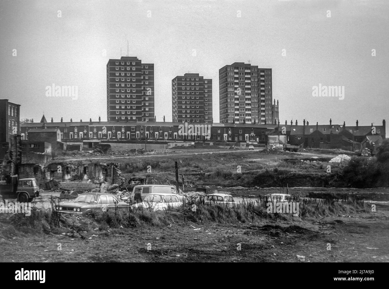 1975 black and white archive image of the Primrose Bank Redevelopment Area in Blackburn, Lancashire. Tower blocks behind terraced housing were built in late 1960s and have since been part demolished and part refurbished. Stock Photo
