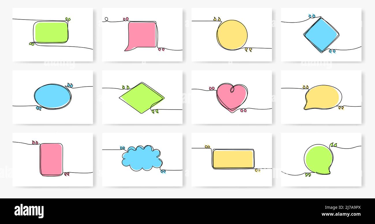 One line quote frames. Speech bubble template, motivational quotes label and speech feedback continuous lines vector set Stock Vector