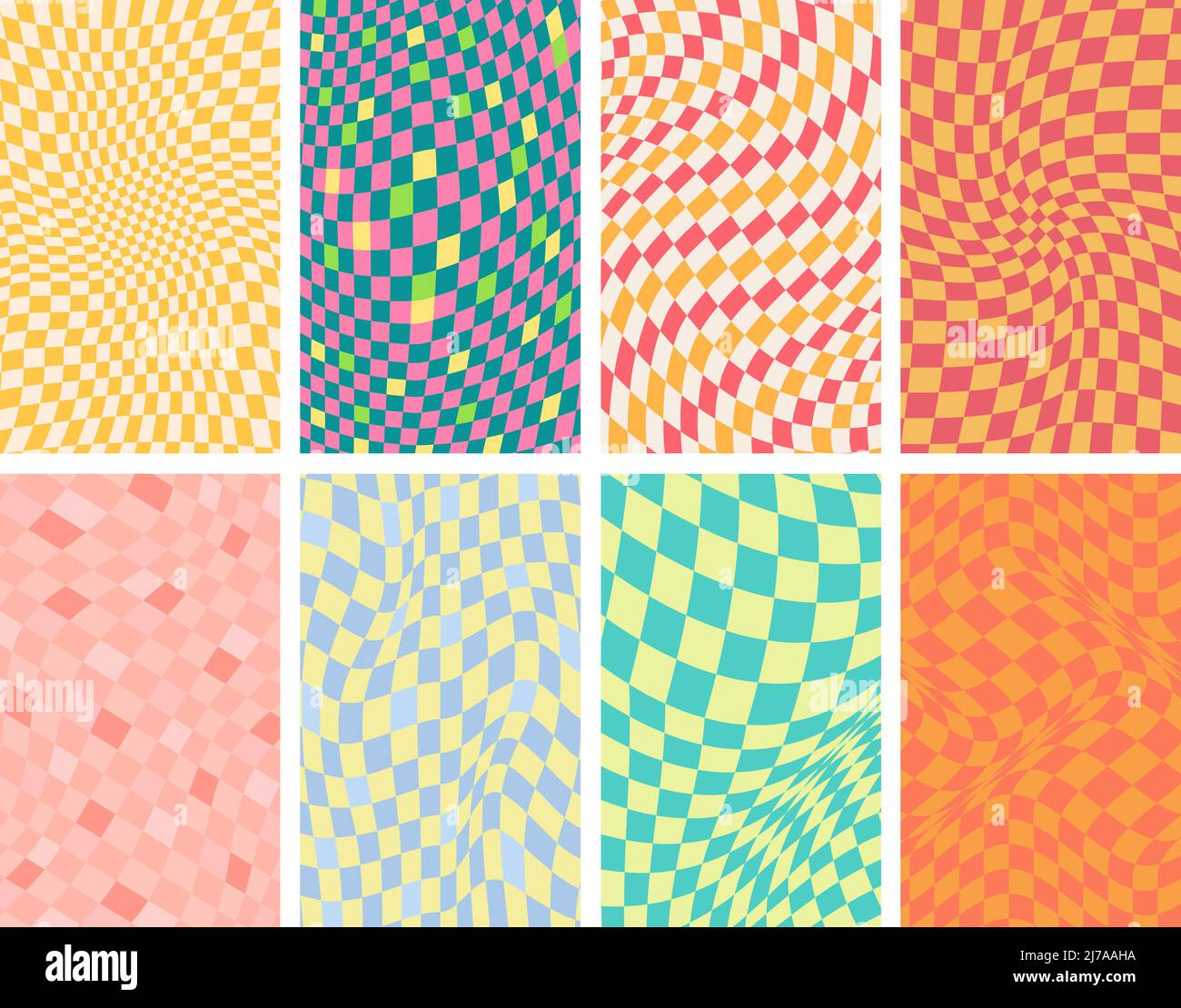 Groovy grid. Wavy psychedelic background, 70s swirl texture and trippy grids vector set. Stock Vector