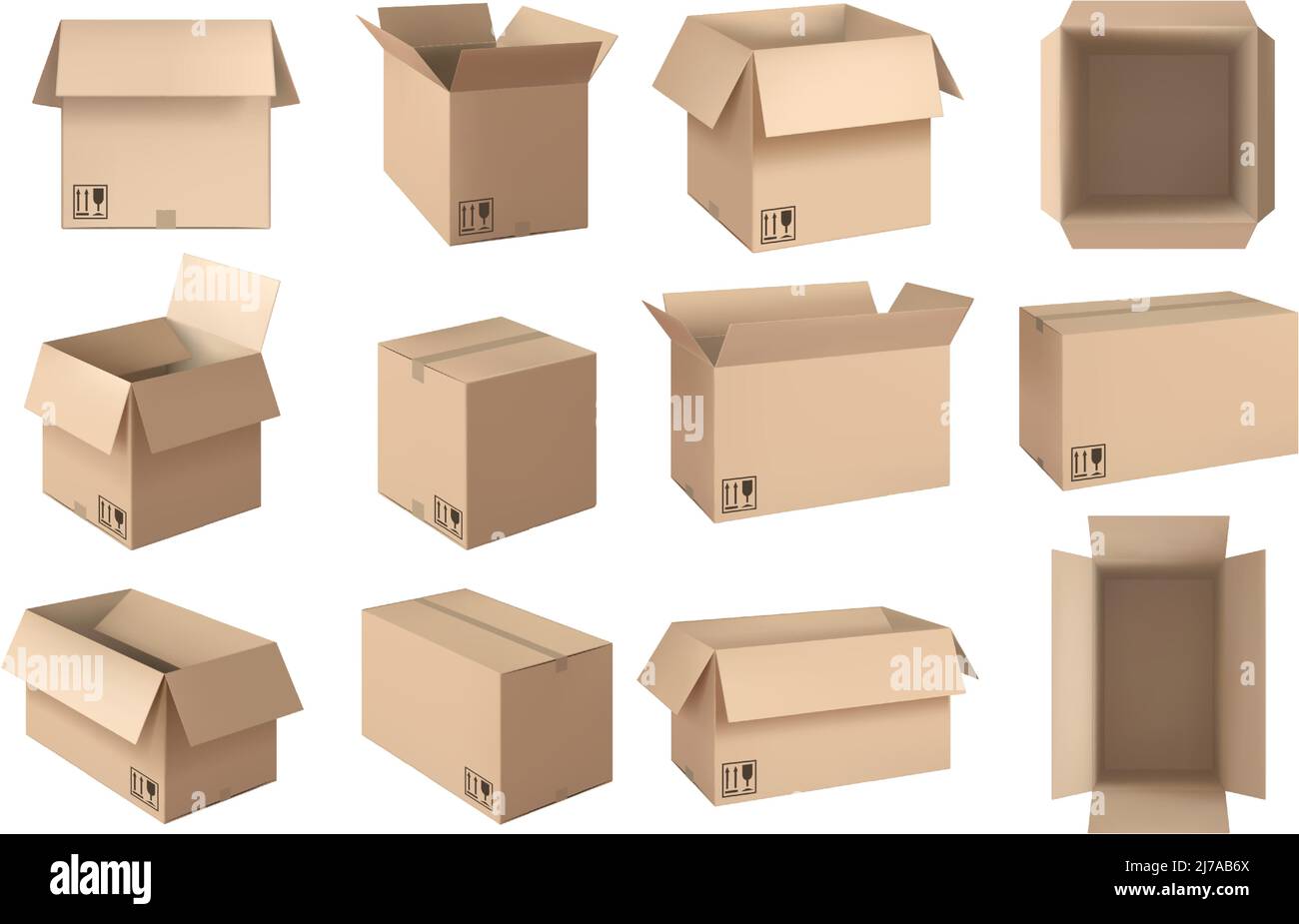 Realistic brown box. Postal packaging open boxes, shipping cardboard ...