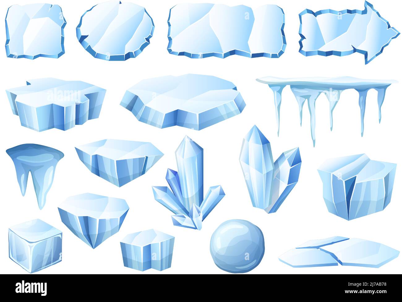 Cartoon ice. Glacier crystals, ice pieces and cold iced frames vector set Stock Vector