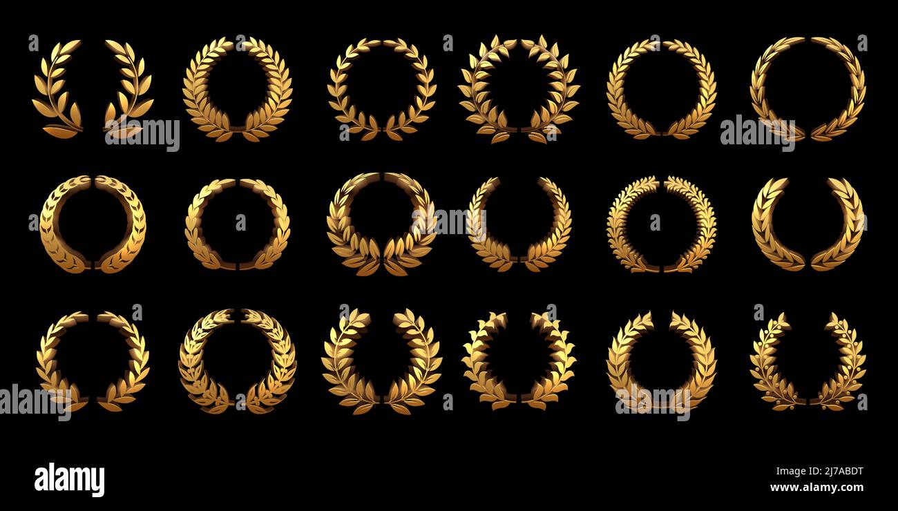 Golden 3D laurel wreath. Gold wheat ornamental borders, round heraldic frame and premium circle branch with leaves vector set Stock Vector