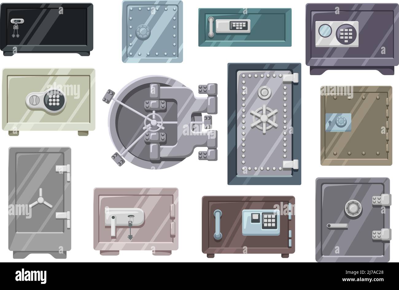 Metal safes. Lock box, safety vault door and secure storage with key