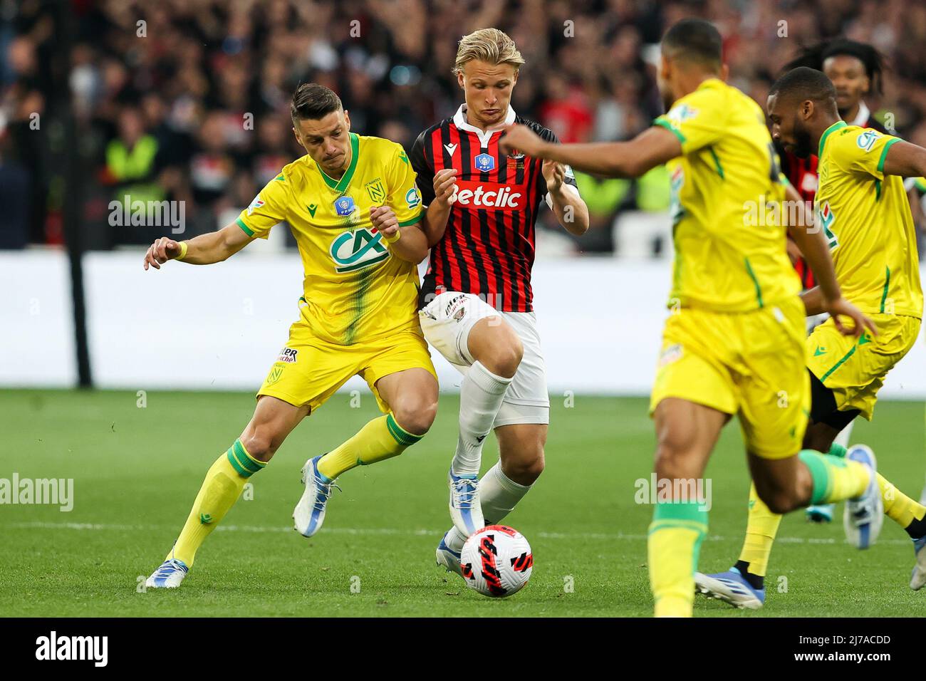 SAINT-DENIS, FRANCE - MAY 7: Andrei Girotto of FC Nantes, Kasper Dolberg of  OGC Nice during the Coupe de France match between OGC Nice and FC Nantes at  Stade de France on