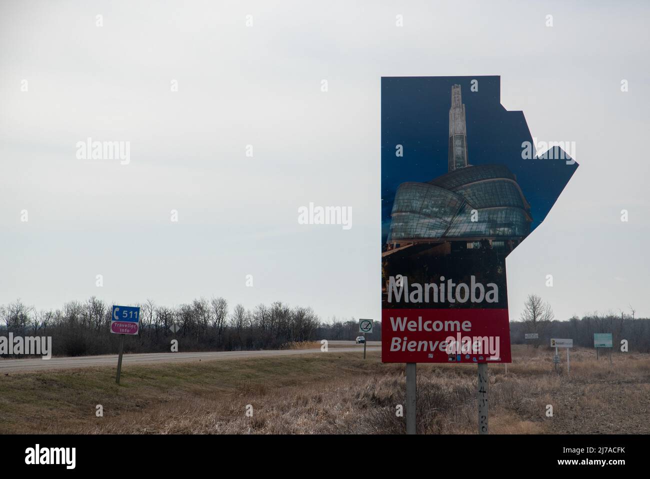 Welcome to Manitoba sign on Yellowhead Highway 16 between Manitoba and Saskatchewan. Stock Photo