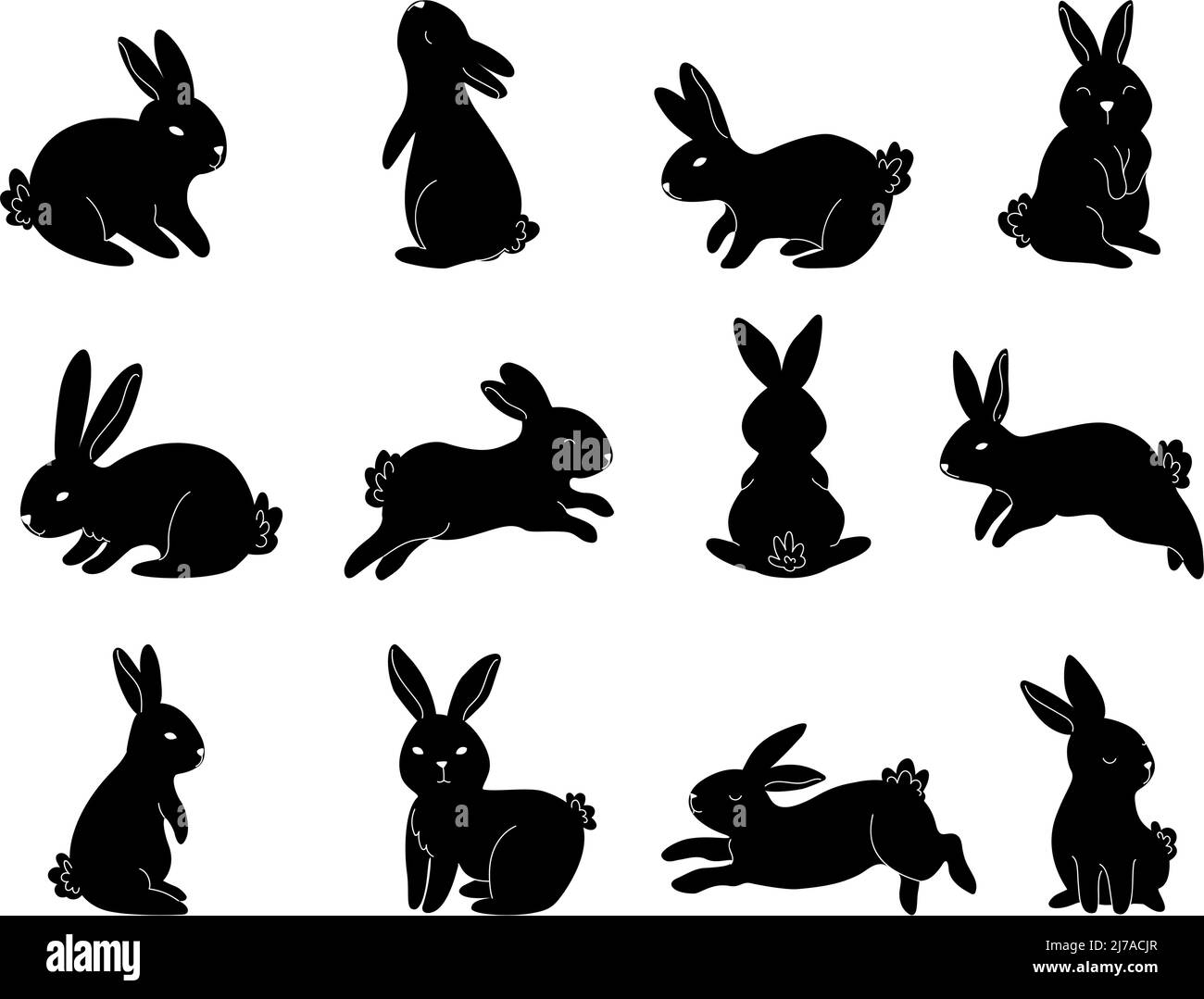 Black rabbit silhouette. Sitting bunny, cute jumping rabbits and contour animals vector set Stock Vector