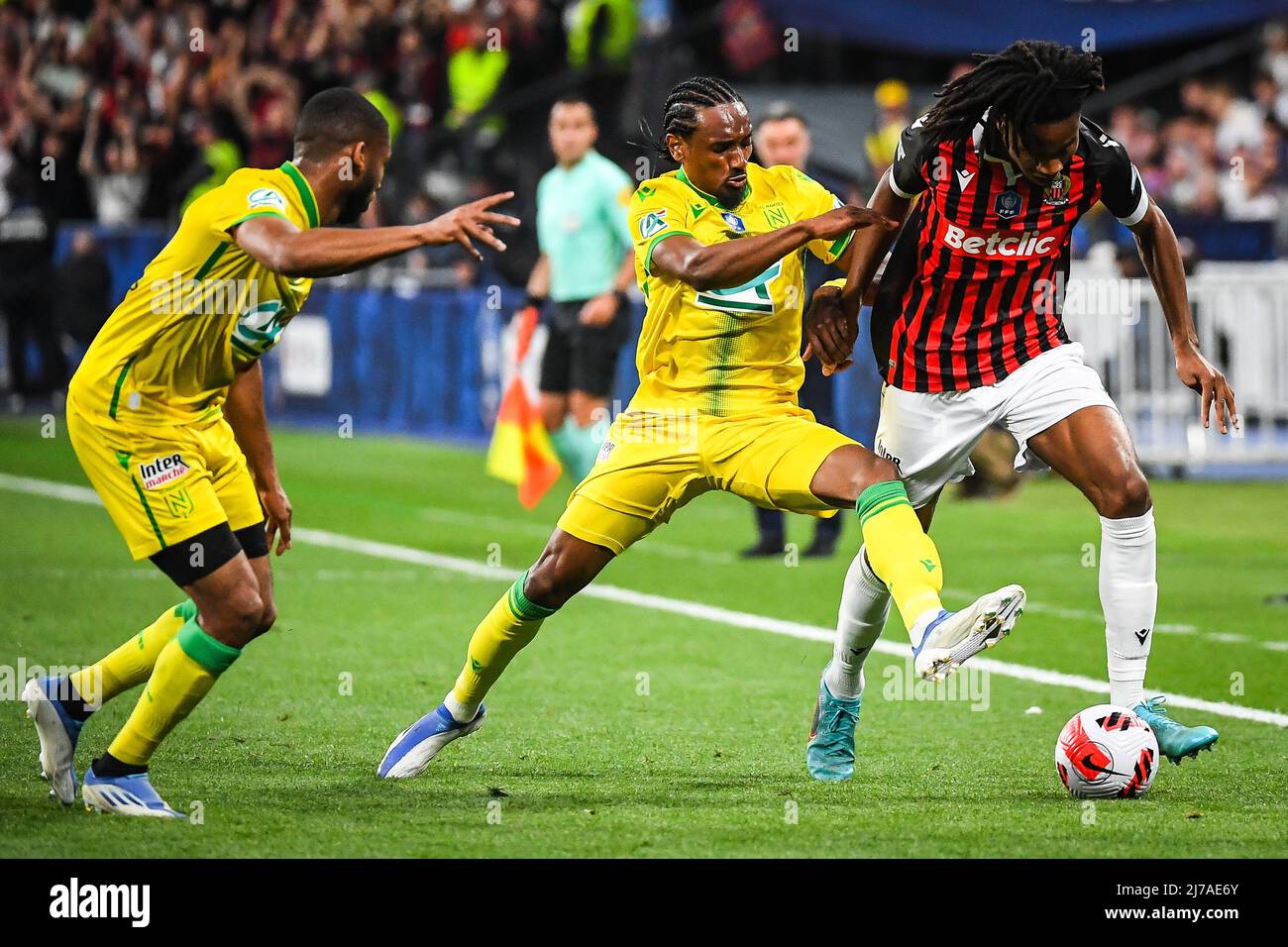 Samuel MOUTOUSSAMY of Nantes and Khephren THURAM of Nice during the French  Cup, Final football match between OGC Nice and FC Nantes on May 7, 2022 at  Stade de France in Saint-Denis