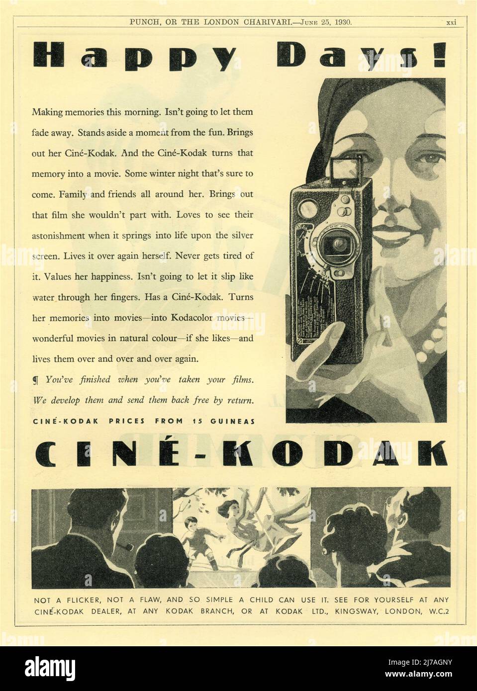 Advertisement from June 1930 for the CINE-KODAK home movie camera for black and white and Kodacolor home movies Stock Photo