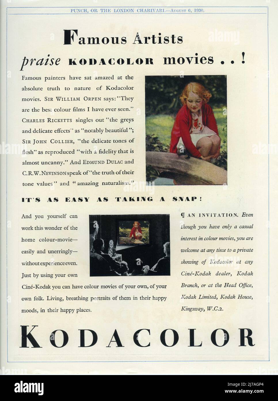 Advertisement from August 1930 for KODACOLOR film for use with Cine-Kodak home movie cameras with quotes of praise from famous artists including Edmund Dulac Stock Photo