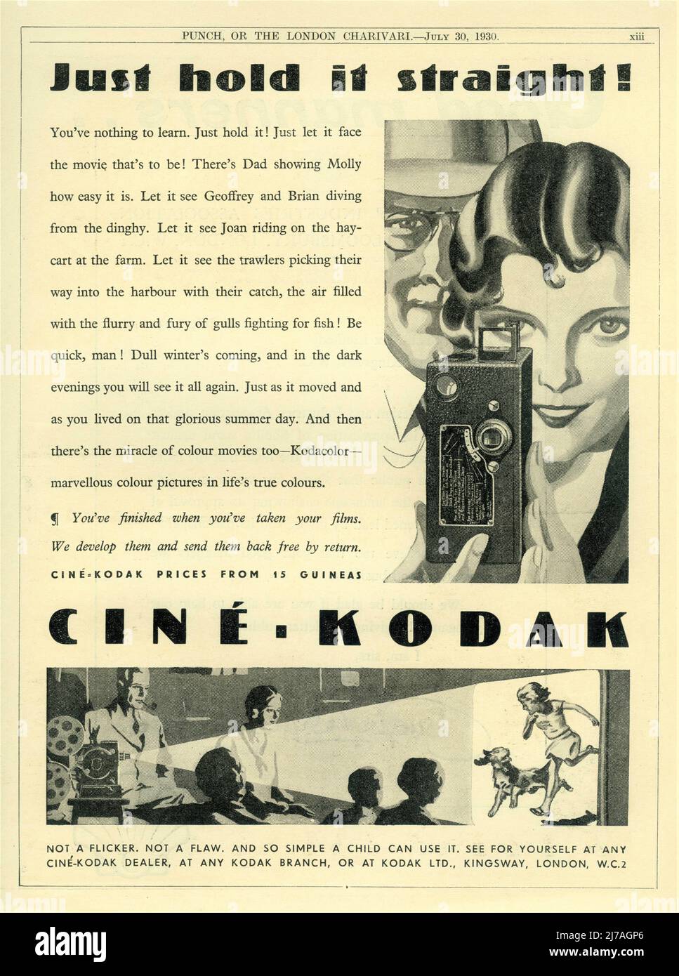Advertisement from July 1930 for the CINE-KODAK home movie camera for black and white and Kodacolor home movies Stock Photo