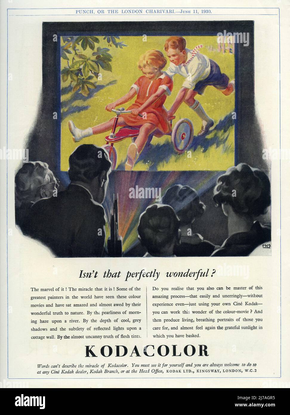Advertisement from June 1930 for KODACOLOR film for use with Cine-Kodak home movie cameras Stock Photo