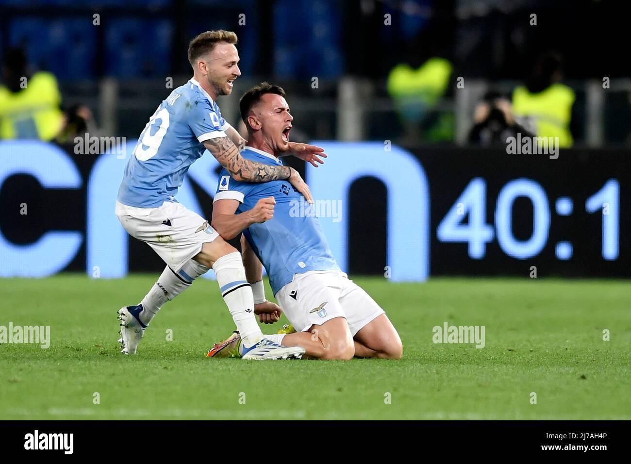 Patric Gil of SS Lazio (r) celebrates with Manuel Lazzari after scoring the goal of 1-0 during the Serie A football match between SS Lazio and Sampdoria UC at Olimpico stadium in Rome (Italy), May 7th, 2022. Photo Antonietta Baldassarre / Insidefoto Stock Photo
