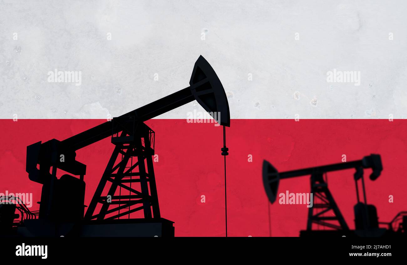 Oil and gas industry background. Oil pump silhouette against poland