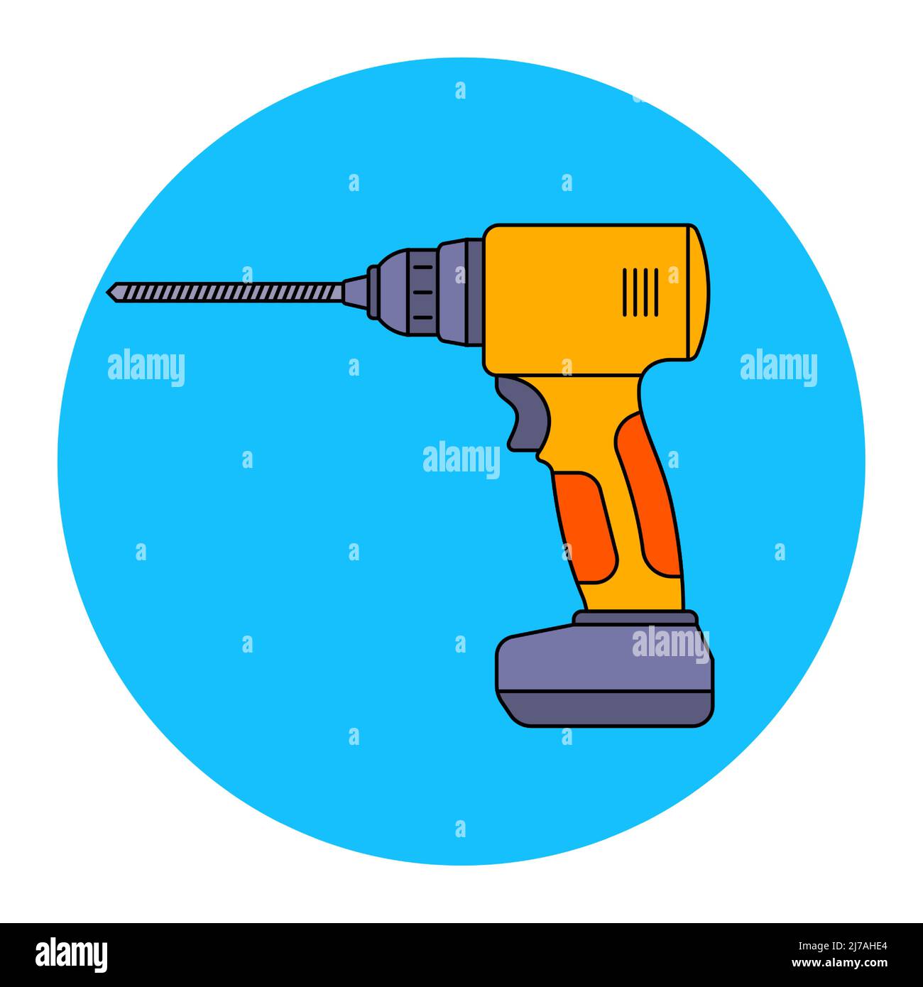 cordless yellow drill for making holes. construction tool. flat vector
