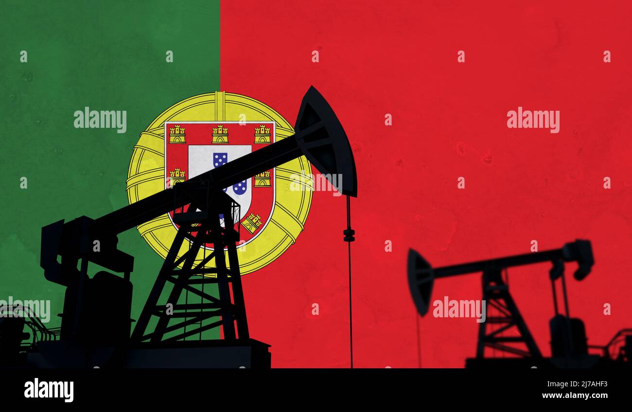 Oil and gas industry background. Oil pump silhouette against portugal