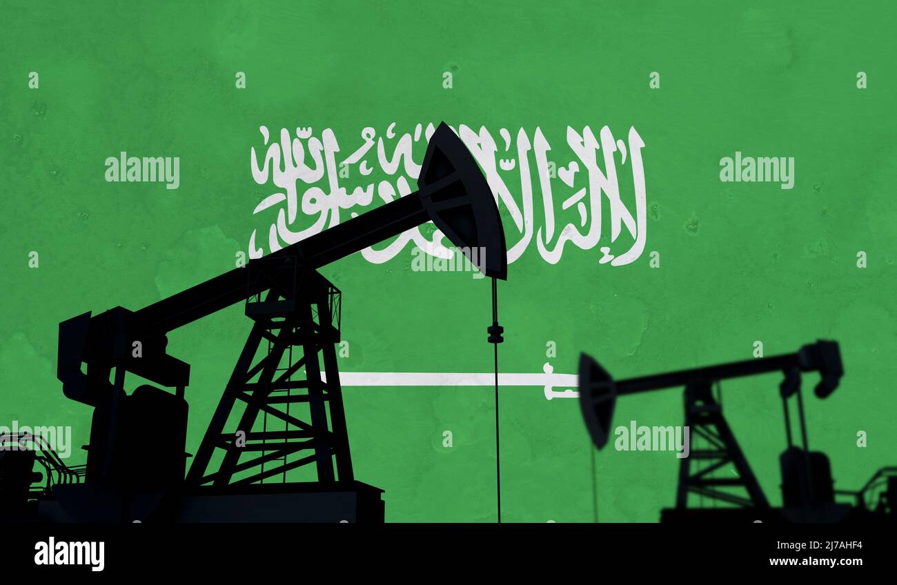 Oil and gas industry background. Oil pump silhouette against saudi