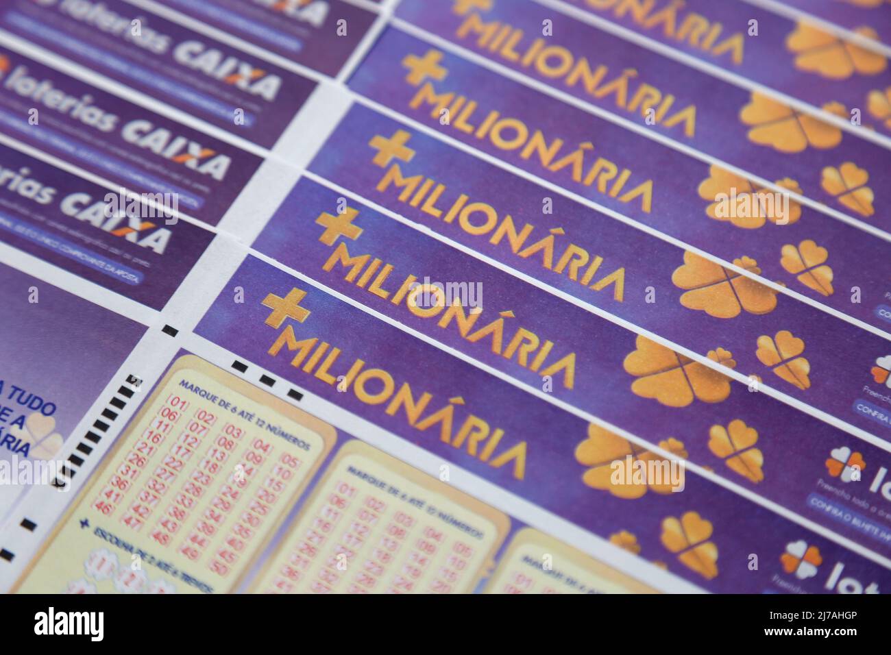 Minas Gerais, Brazil - May 05, 2022: Mais Milionaria Caixa lottery tickets Stock Photo