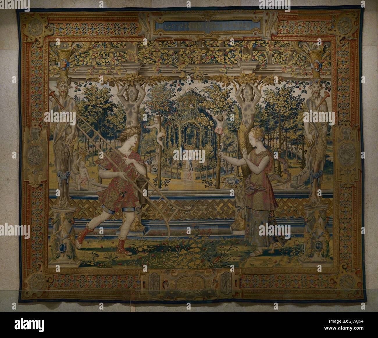 Vertumnus and Pomona. Tapestry belonging to the the set 'History of Vertumnus and Pomona', based on cartoons attributed to the Flemish artist Pieter Coecke van Aelst (1502-1550). Flanders, mid-16th century. Wool, silk and gold thread. Calouste Gulbenkian Museum. Lisbon, Portugal. Stock Photo