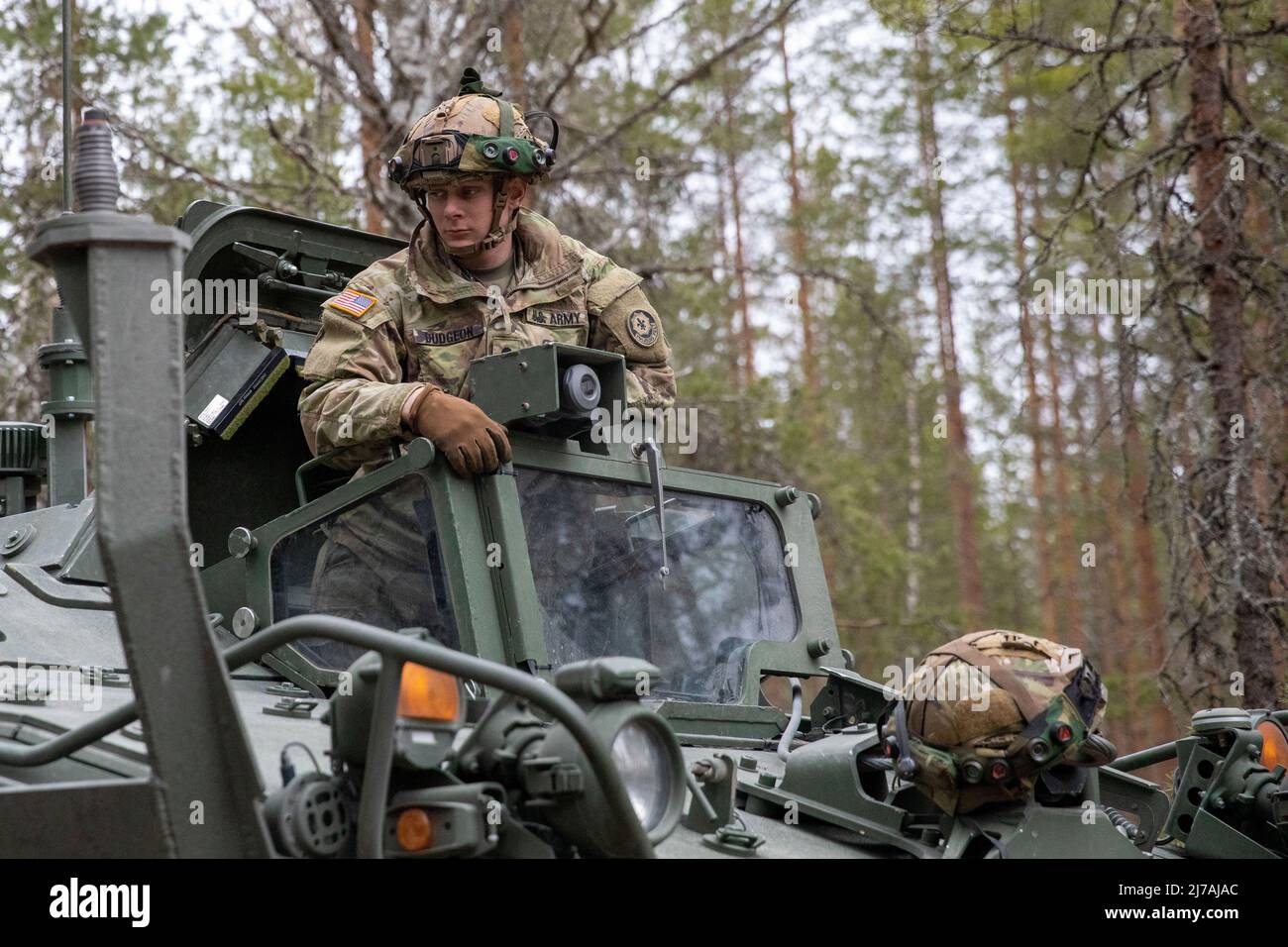 Niinisalo, Finland. 03 May, 2022. U.S. Army Spc. James Dudgeon prepares his Stryker Infantry fighting vehicle during simulated combat exercises Arrow 22 at the Niinisalo Training Area, May 3, 2022 in Niinisalo, Finland. The annual Finnish military exercise included the United States, Estonia, Lativia, and the United Kingdom.  Credit: Spc. Elizabeth MacPherson/U.S Army/Alamy Live News Stock Photo