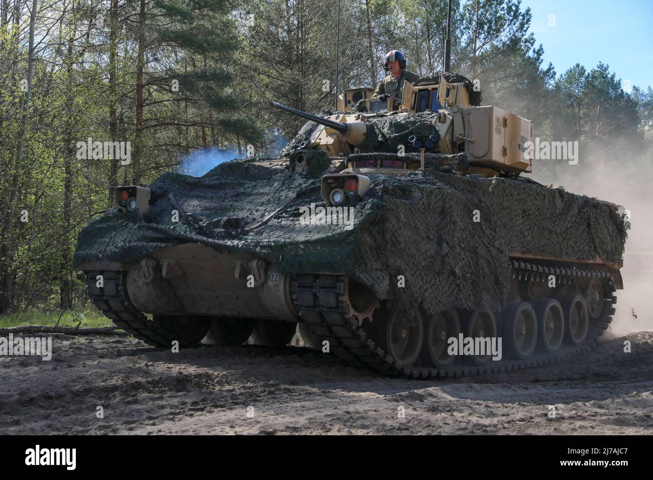 Drawsko Pomorskie, Poland. 29 April, 2022. U.S. Army soldiers assigned to the 3rd Armored Brigade Combat Team, 4th Infantry Division, perform reconnaissance and security in their Stryker Infantry fighting vehicle during a NATO joint training exercise at Drawsko Pomorskie Training Area, April 29, 2022 in Drawsko Pomorskie, Poland.  Credit: Sgt. Andrew Greenwood/U.S Army/Alamy Live News Stock Photo