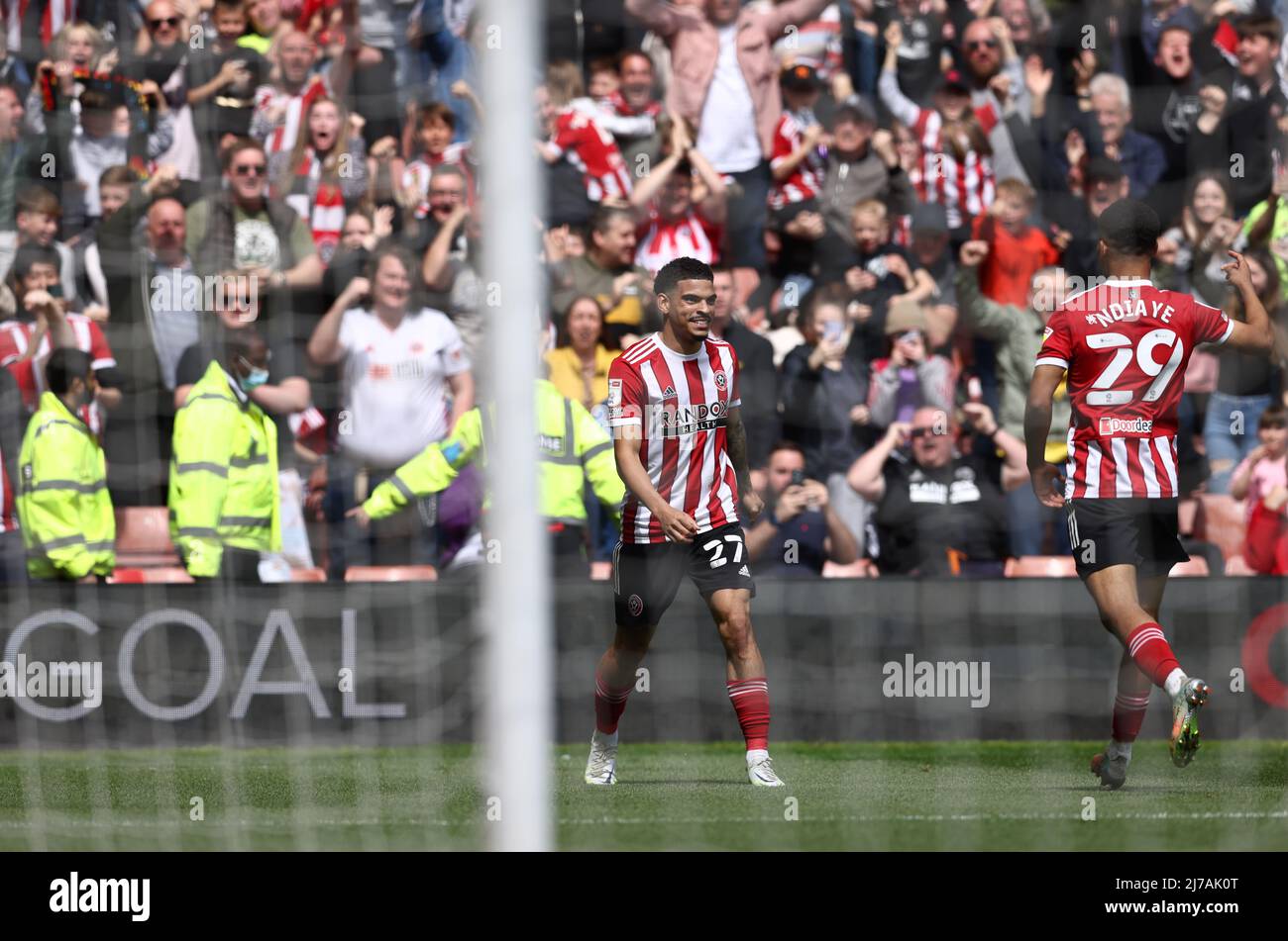 Sheffield, England, 7th May 2022.   lliman Ndiaye (R) of Sheffield Utd celebrates his goal with Morgan Gibbs-White during the Sky Bet Championship match at Bramall Lane, Sheffield. Picture credit should read: Darren Staples / Sportimage Credit: Sportimage/Alamy Live News Stock Photo