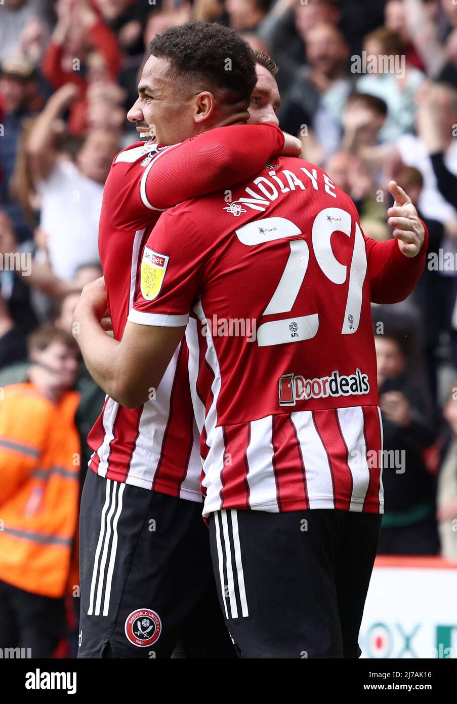 Sheffield, England, 7th May 2022.   lliman Ndiaye (R) of Sheffield Utd celebrates their second goal scored by Morgan Gibbs-White with John Fleck during the Sky Bet Championship match at Bramall Lane, Sheffield. Picture credit should read: Darren Staples / Sportimage Credit: Sportimage/Alamy Live News Stock Photo