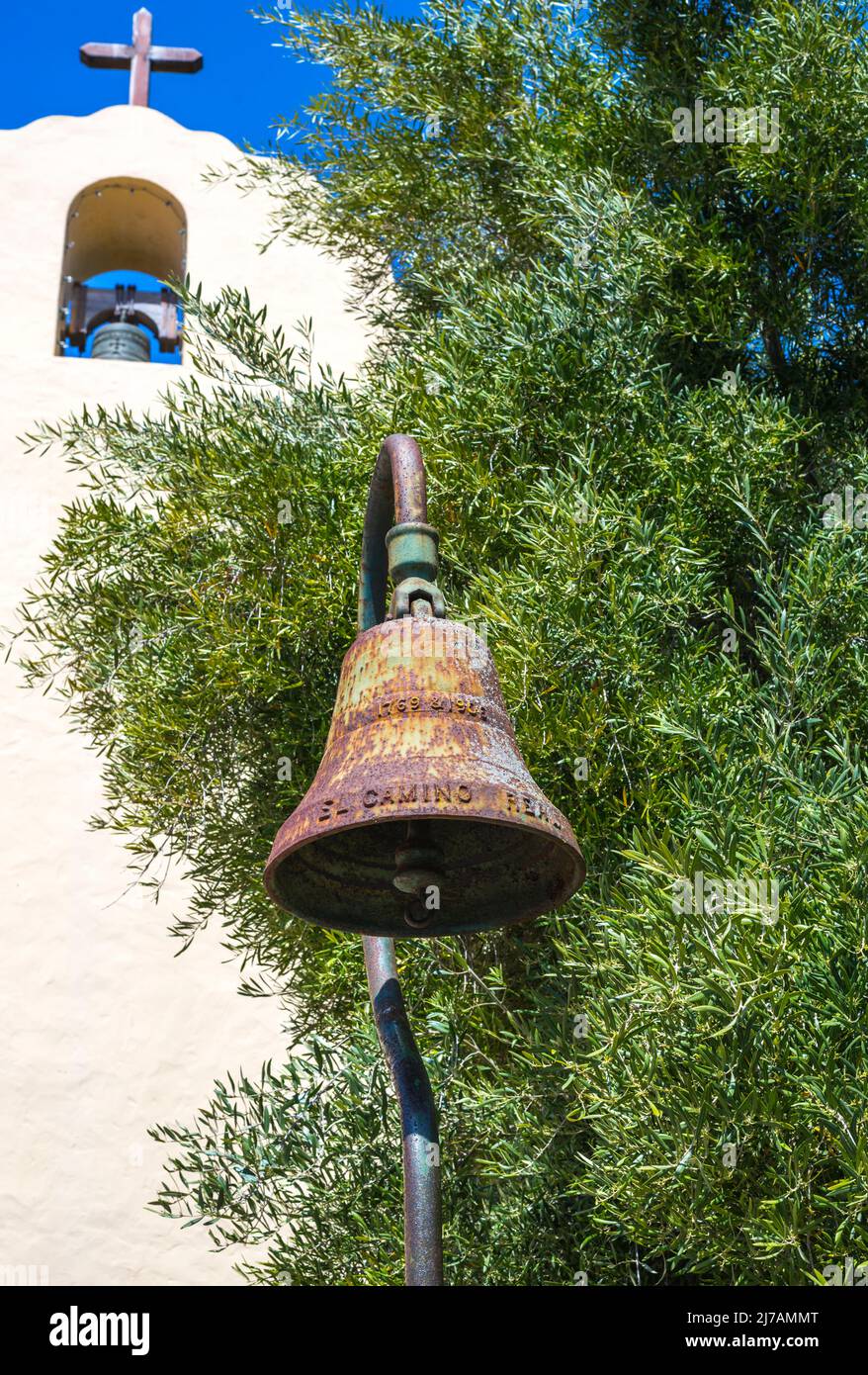 El Camino Real Bell outside the Old Mission Santa Ines. Solvang, California, USA. Stock Photo