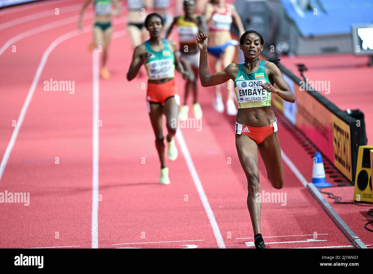 Axumawit Embaye participating in the Belgrade 2022 World Indoor Championships in the 1500 meters. Stock Photo