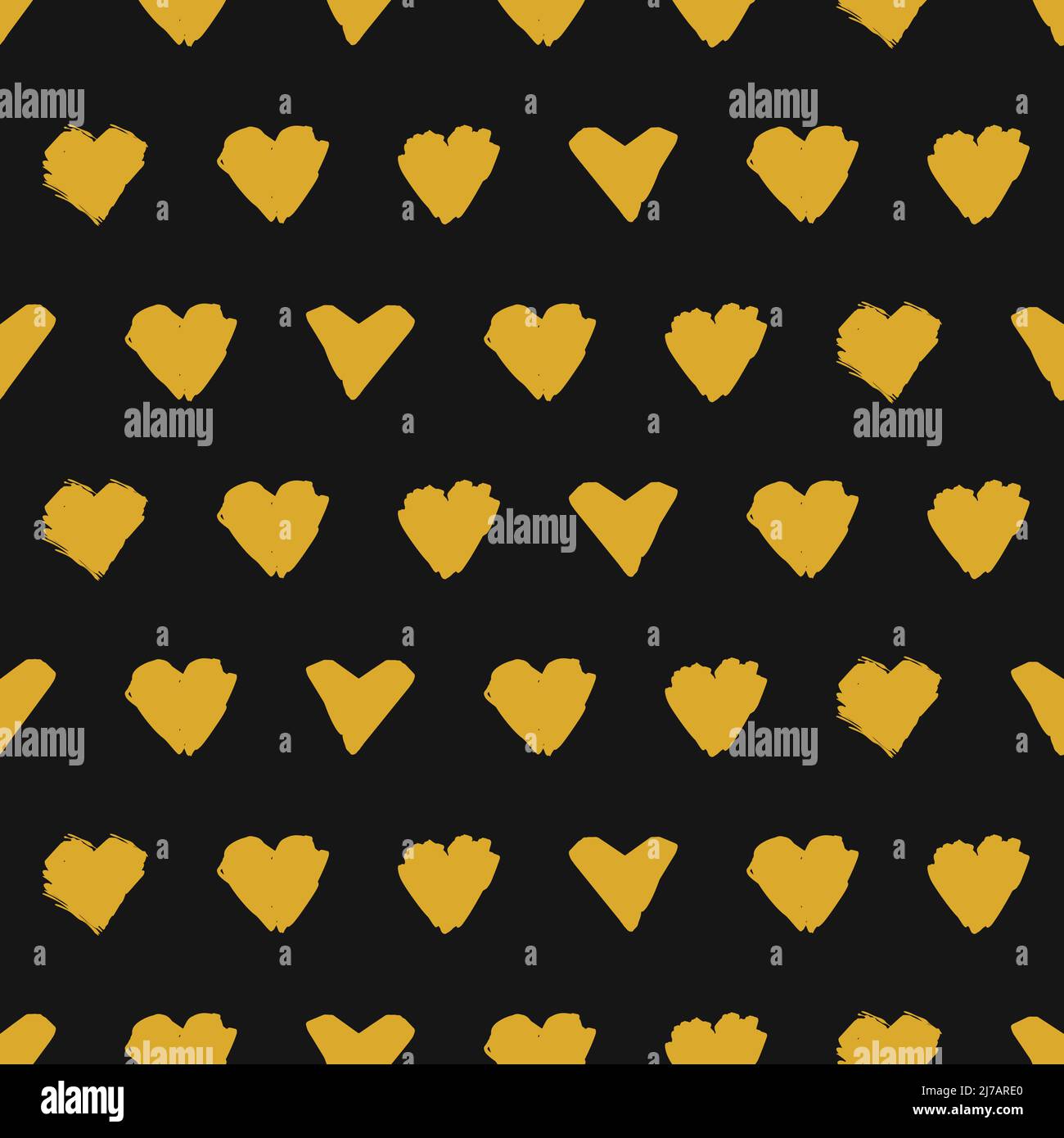 Hand drawn yellow hearts seamless pattern. Multiple painted heart icons vector illustration. Stock Vector