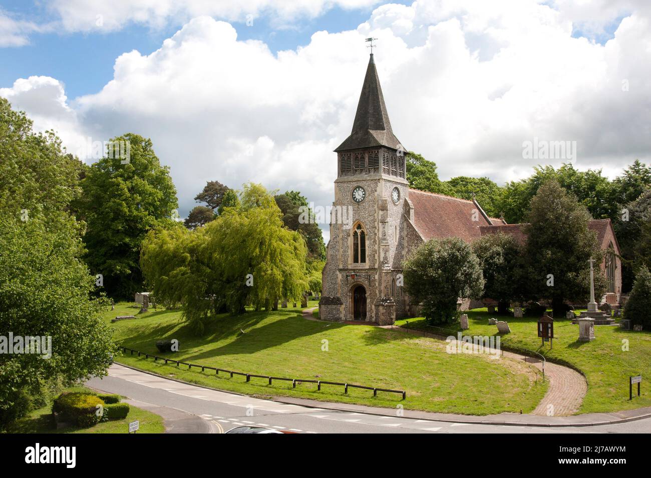 St Nicholas Church, Wickham, Meon Valley, Hampshire, dates back to 1120 and sits on a large sacred mound. Stock Photo